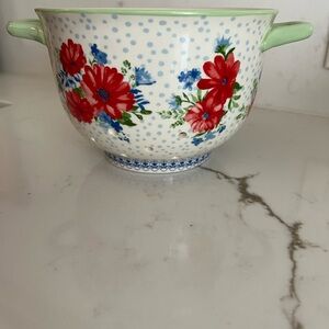 The Pioneer Woman Red Floral Ceramic Colander with Green Trim and Blue Accents